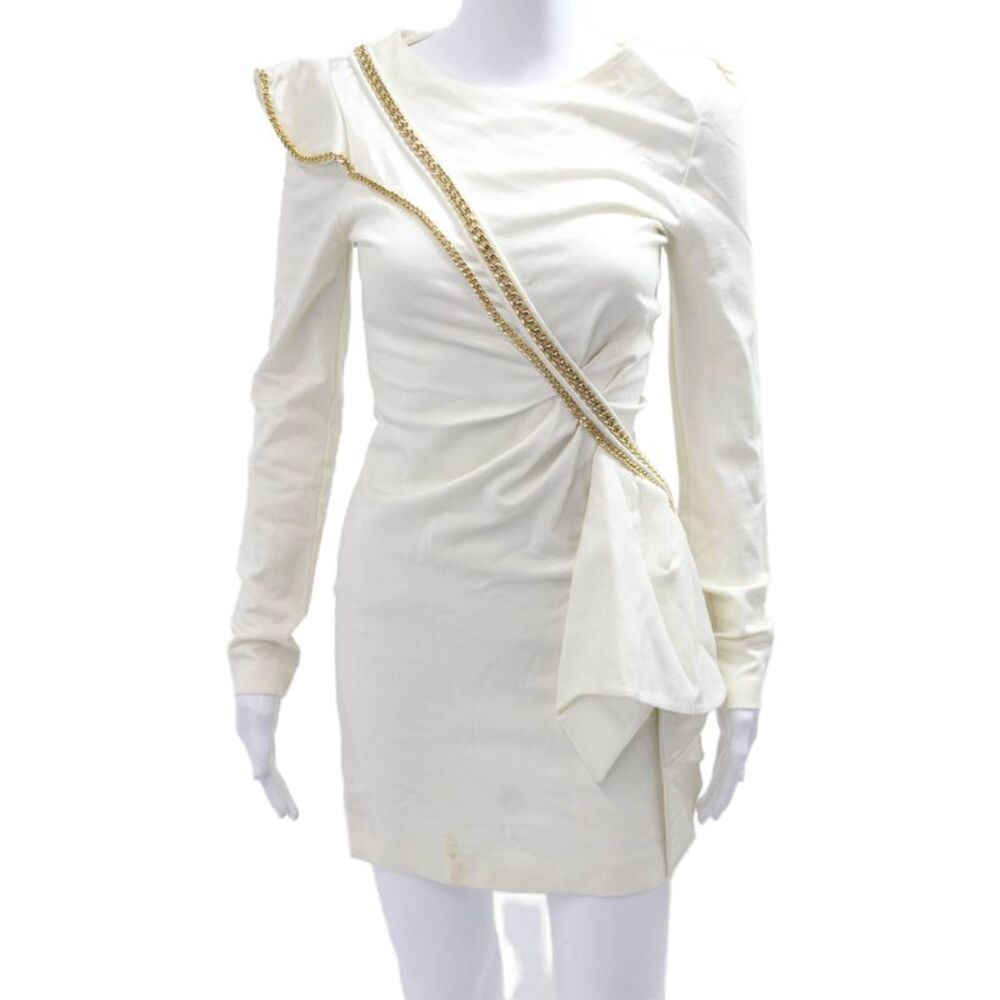 Gizia Women Bodycon Mini Dress White Long Sleeve Crew Neck Cotton Zip Size S